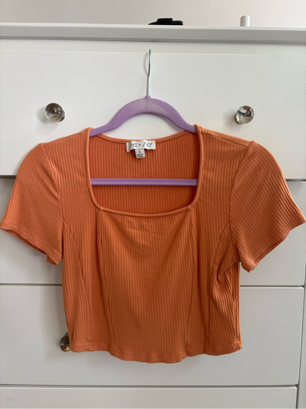 She + Sky Ribbed Square-Neck Crop Top - Orange